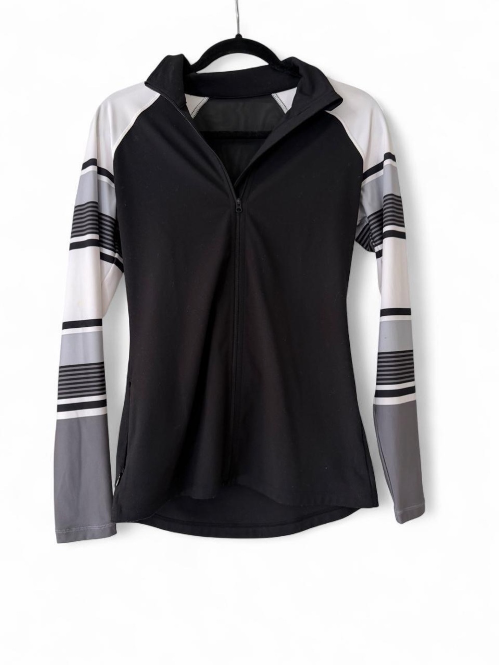 Lorna Jane Black Zip-Front Jacket with Gray & White Striped Sleeves - Picture 1 of 4